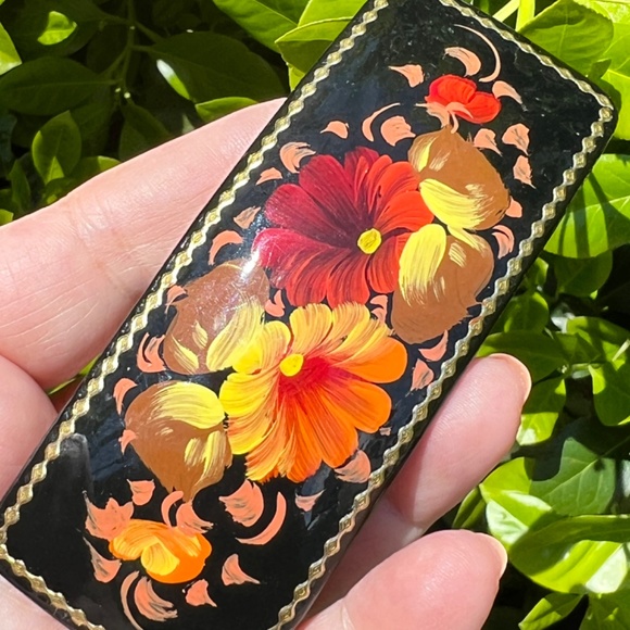Vintage Russian Lacquer Hand painted Floral Yellow Orange Red Barrette Hair Clip main image 12